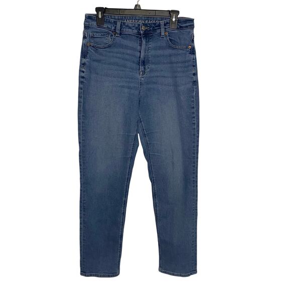 Womens American Eagle Mom Jeans 10 Long High Rise Straight Leg Blue Casual - Picture 1 of 13